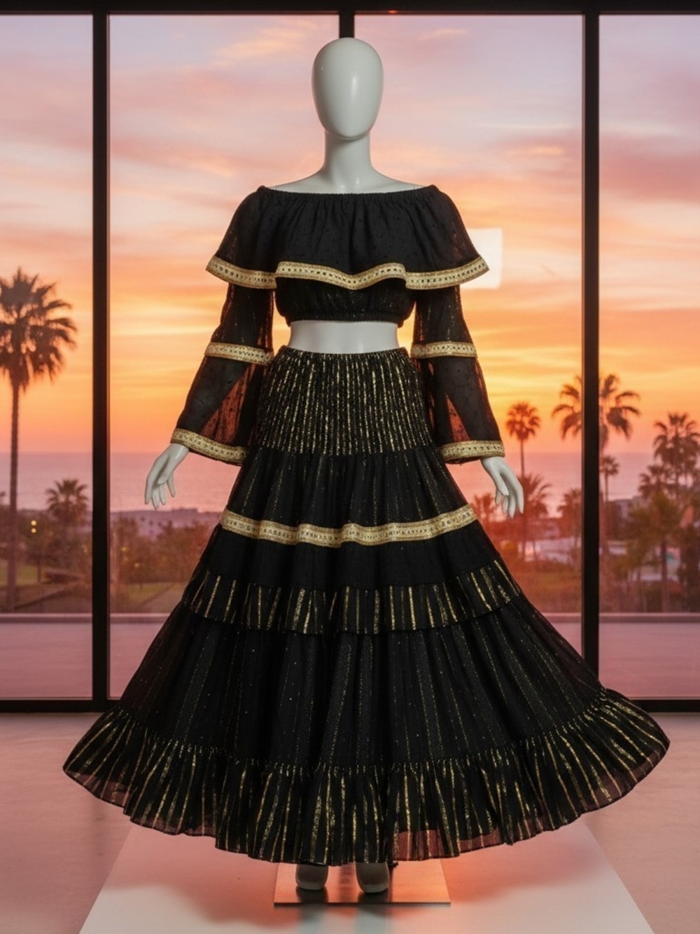Black & Gold Tiered Maxi Skirt - Women